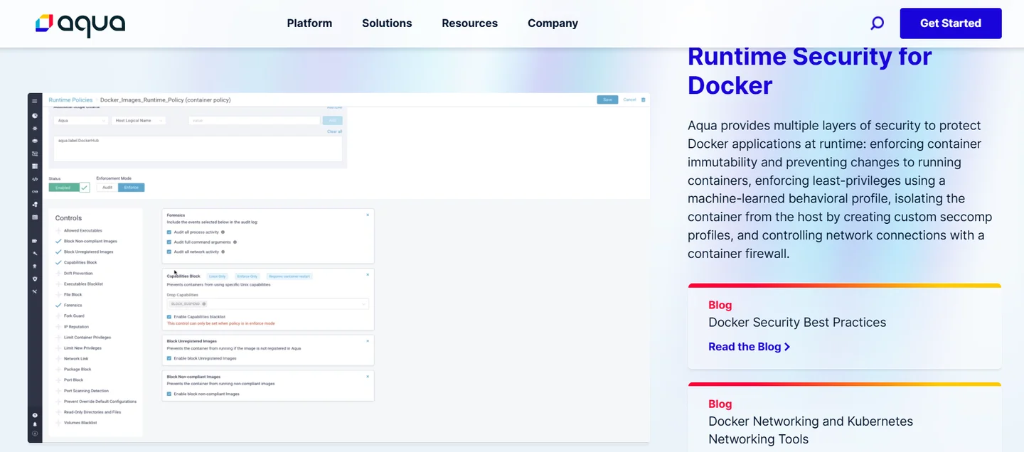 Aqua runtime policy editor in enforce mode with drift prevention, capabilities block, forensics, and unregistered image controls