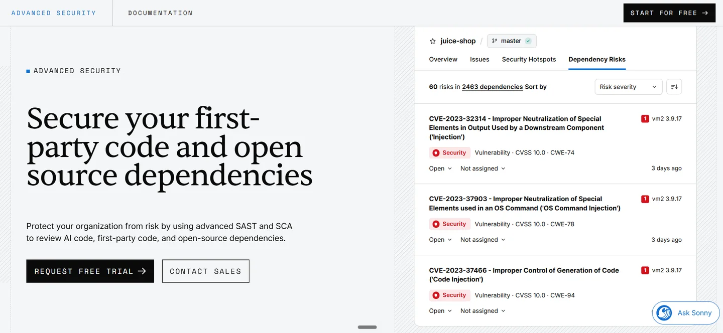 SonarQube Advanced Security dependency risks view listing critical CVSS 10.0 injection vulnerabilities across 2,463 project dependencies