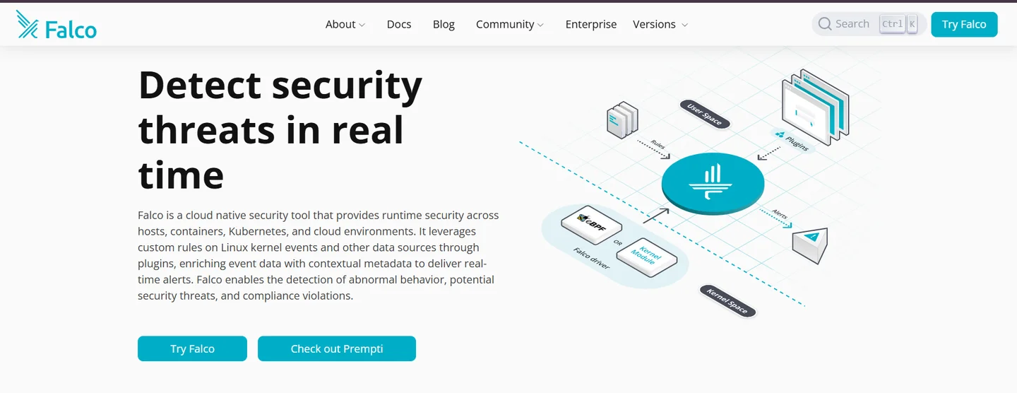 Falco homepage explaining real-time cloud native runtime security across hosts, containers, Kubernetes with eBPF and kernel module drivers