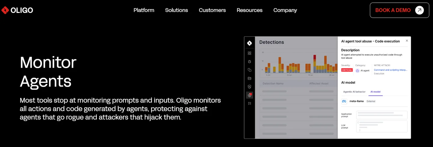 Oligo Monitor Agents dashboard flagging critical AI agent tool abuse and code execution detections