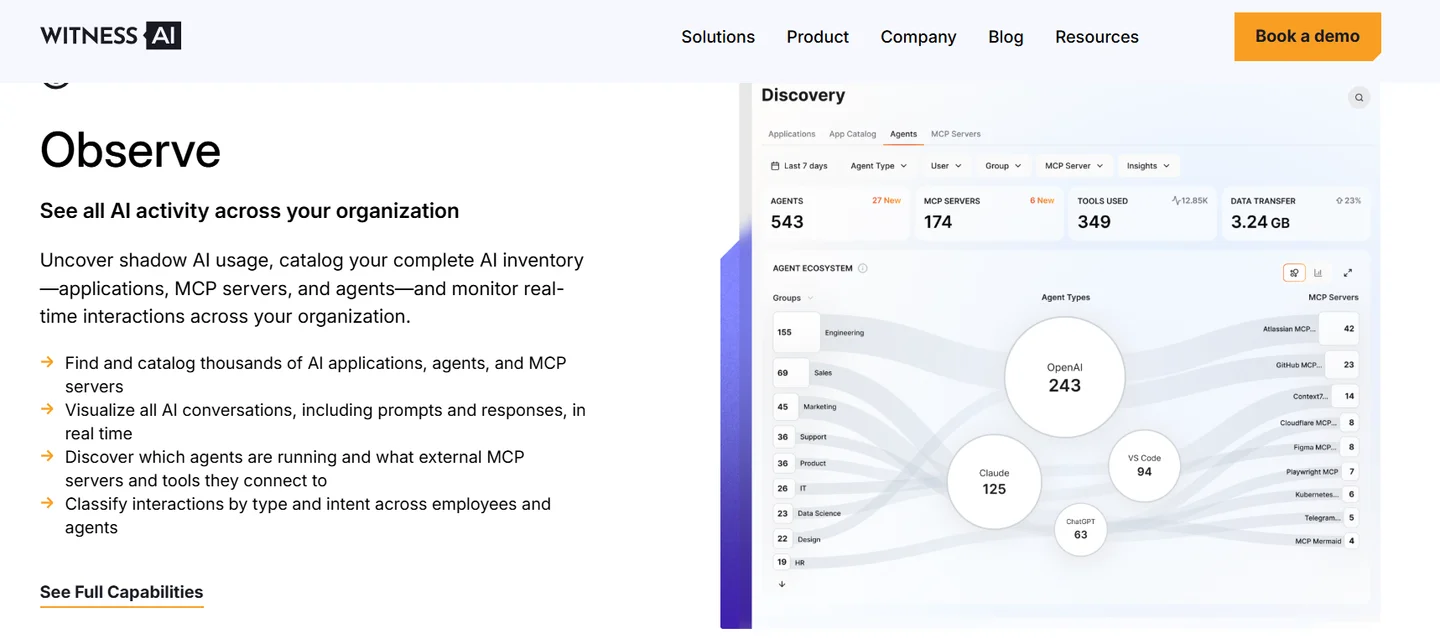 WitnessAI Observe discovery dashboard cataloging AI agents, MCP servers and shadow AI usage across an organization