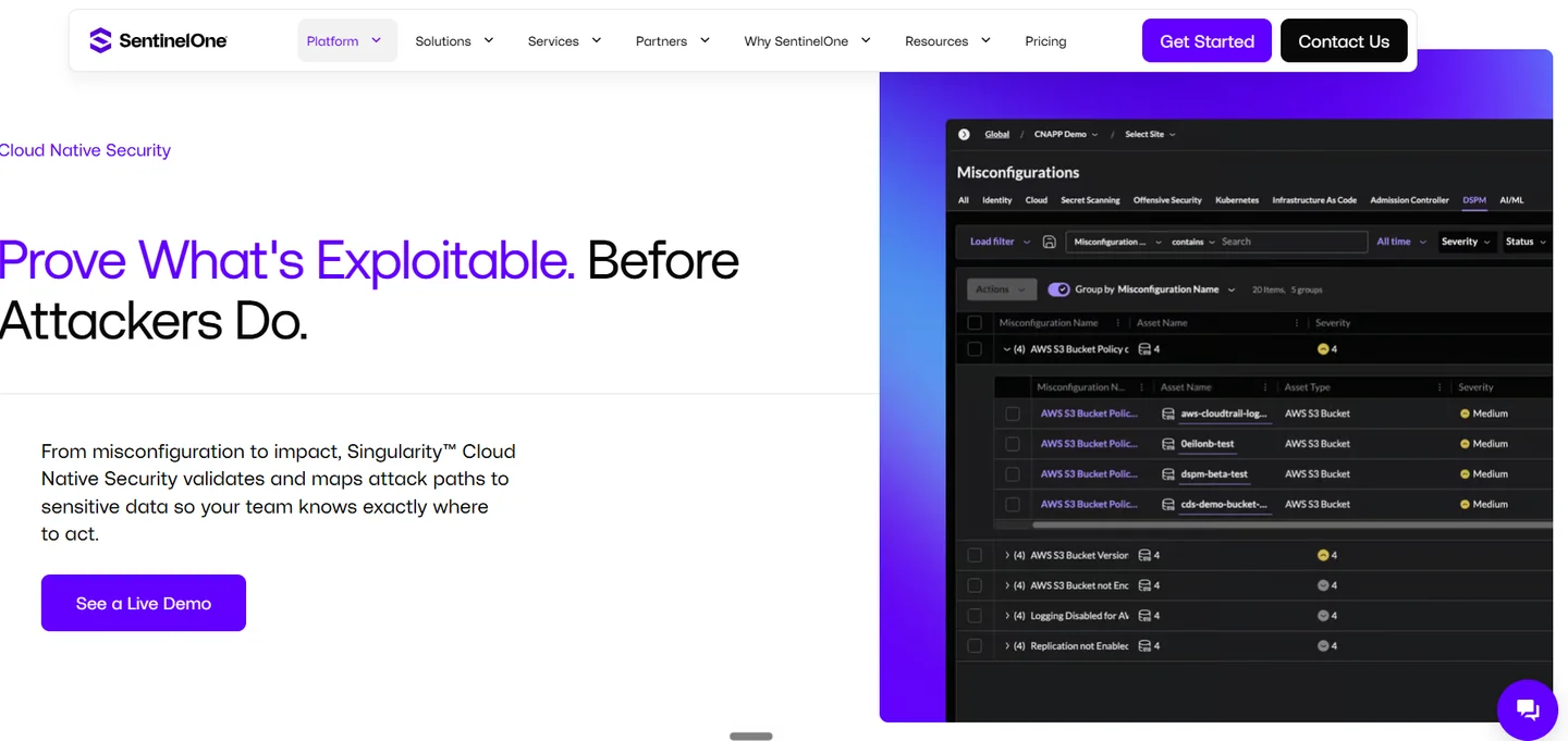 SentinelOne Singularity Cloud Native Security CADR tool mapping exploitable misconfigurations and attack paths