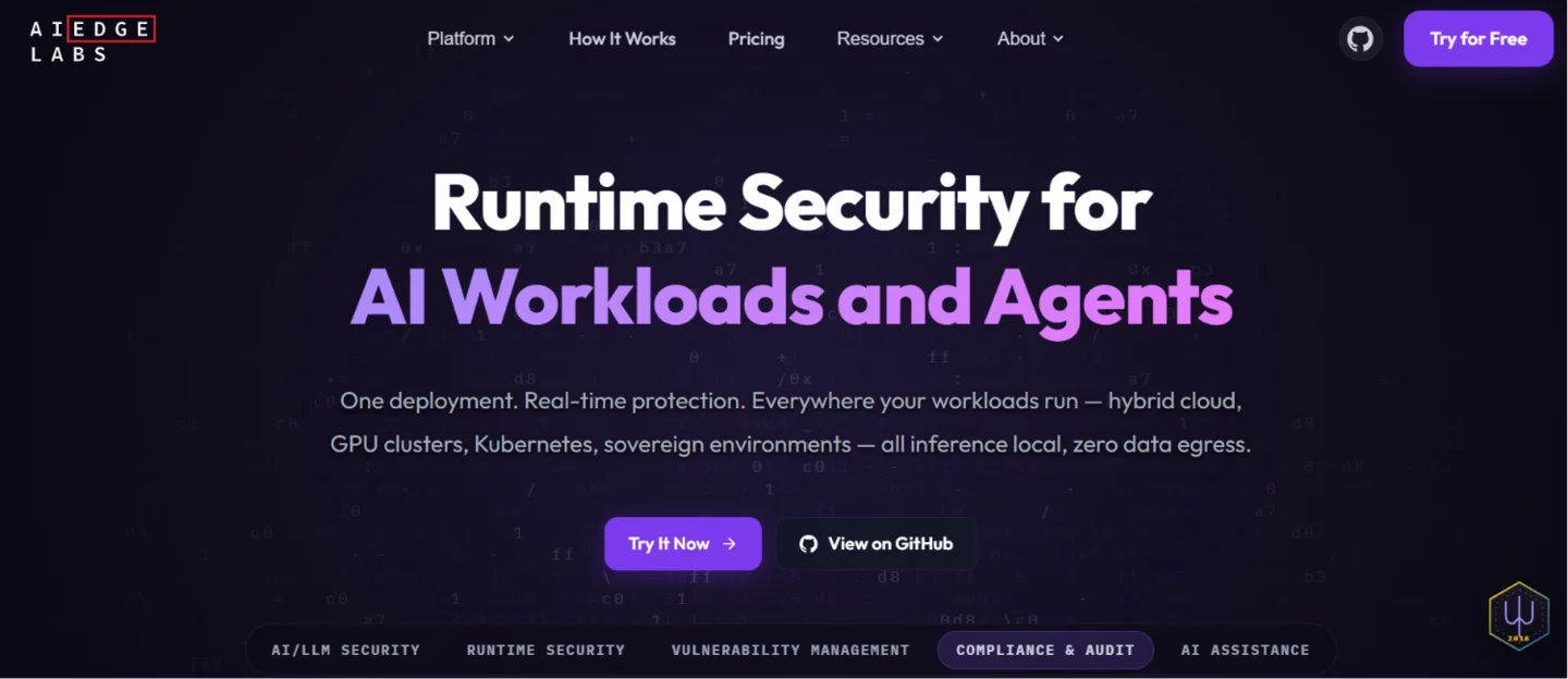 Edge Labs homepage promoting runtime security for AI workloads and agents with local inference and zero data egress