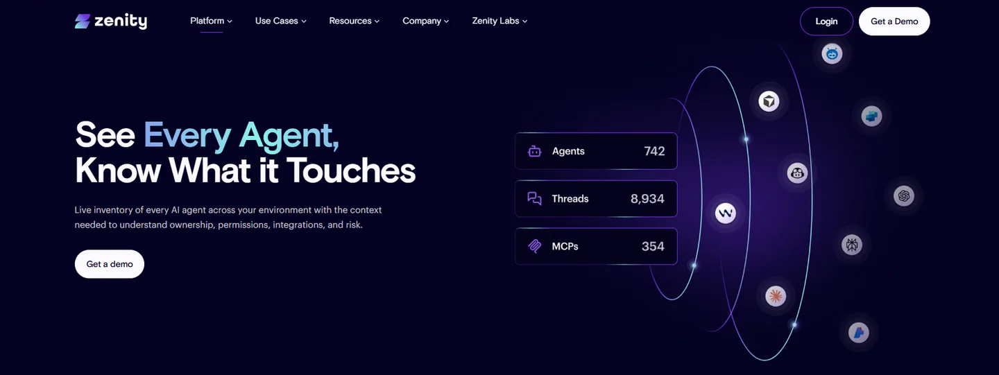 Zenity agent inventory hero showing 742 agents, 8,934 threads, and 354 MCPs discovered across connected platforms