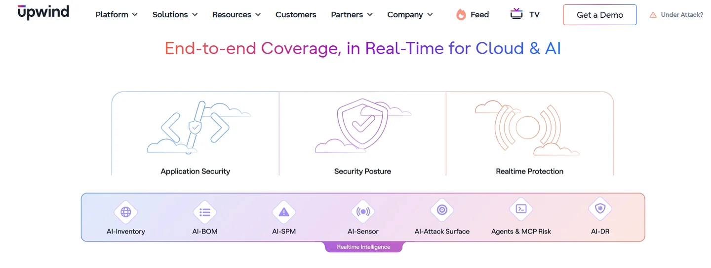 Upwind Cloud & AI Security Platform showing AI-Inventory, AI-BOM, AI-SPM, AI-Sensor, MCP risk, and AI-DR modules