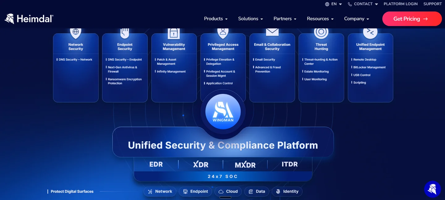  Heimdal unified security and compliance platform diagram spanning network, endpoint, vulnerability, identity, and threat hunting modules