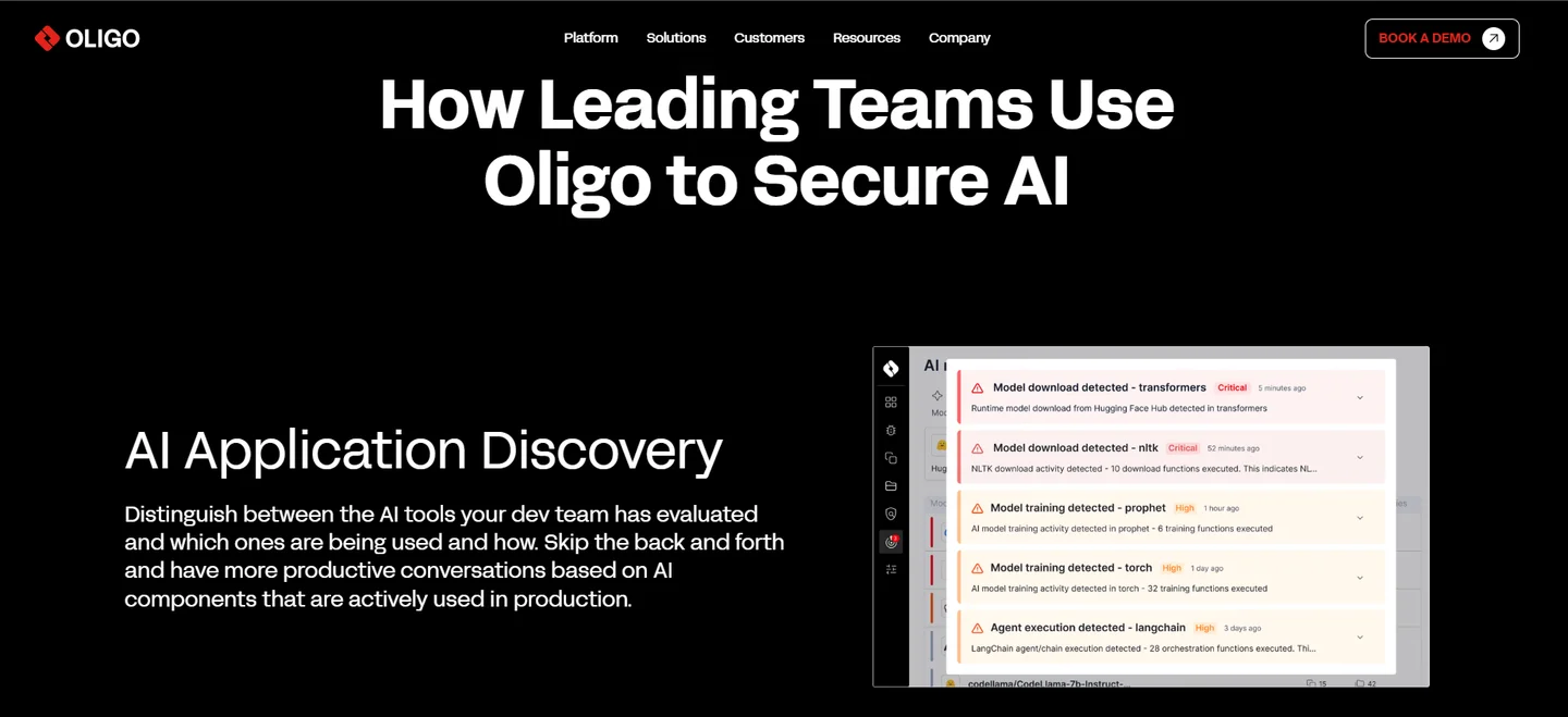 Oligo AI application discovery flagging runtime model downloads, training activity and LangChain agent execution